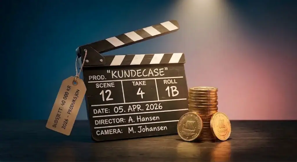 Filmklapper og mynter symboliserer kostnader for nettside i 2026.