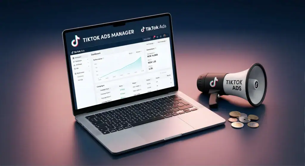 Laptop med TikTok Ads Manager og megafon for digital markedsføring.