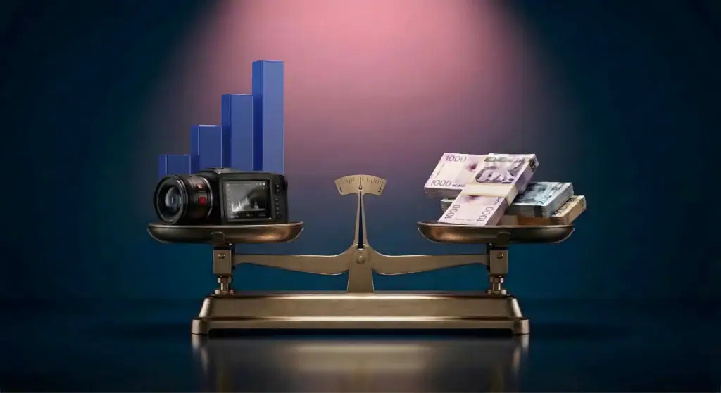 Kamera og penger på vektskål, symboliserer verdien av bedriftsvideoer i 2026.