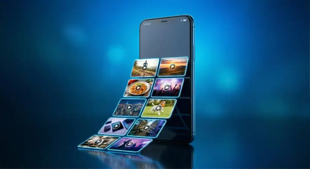 Mobiltelefon med digitale annonser og sosiale medier-ikoner.