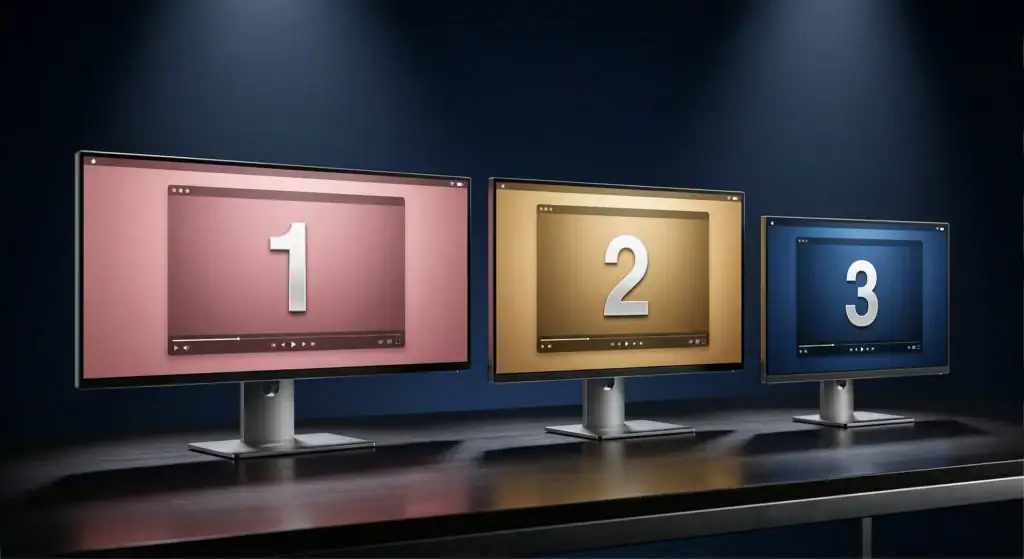 Skjermbilder av tre dataskjermer med nummer 1, 2 og 3, illustrerer digital markedsføring og samarbei.