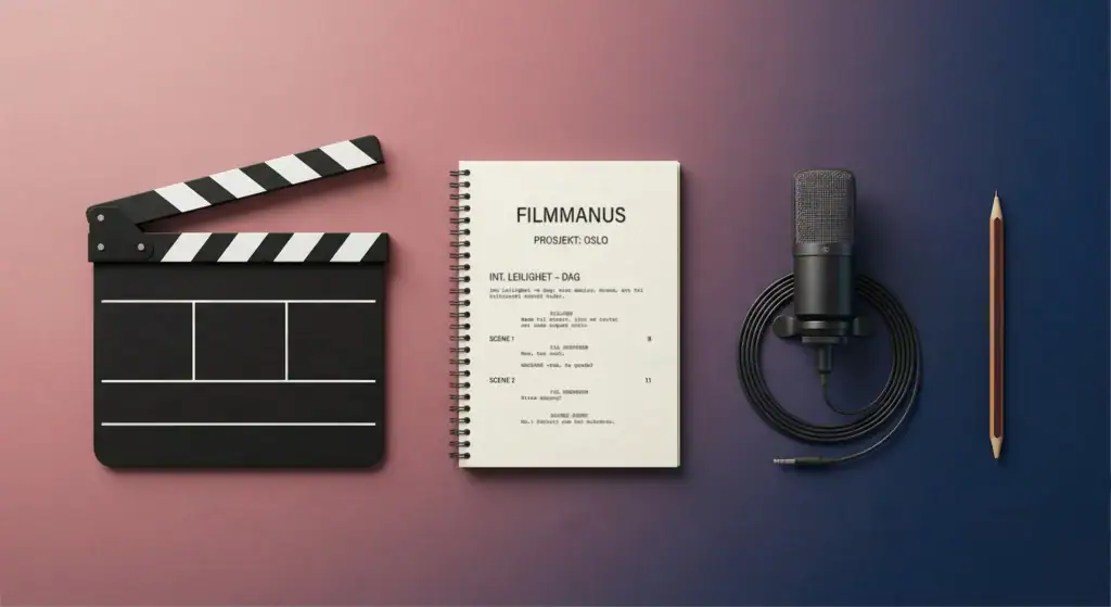 Filmproduksjonsutstyr med klappfelle, mikrofon, notatbok og blyant.