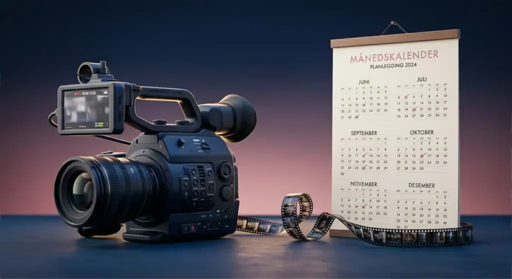 Profesjonell videokamera og kalender for månedlig videoproduksjon i Oslo.
